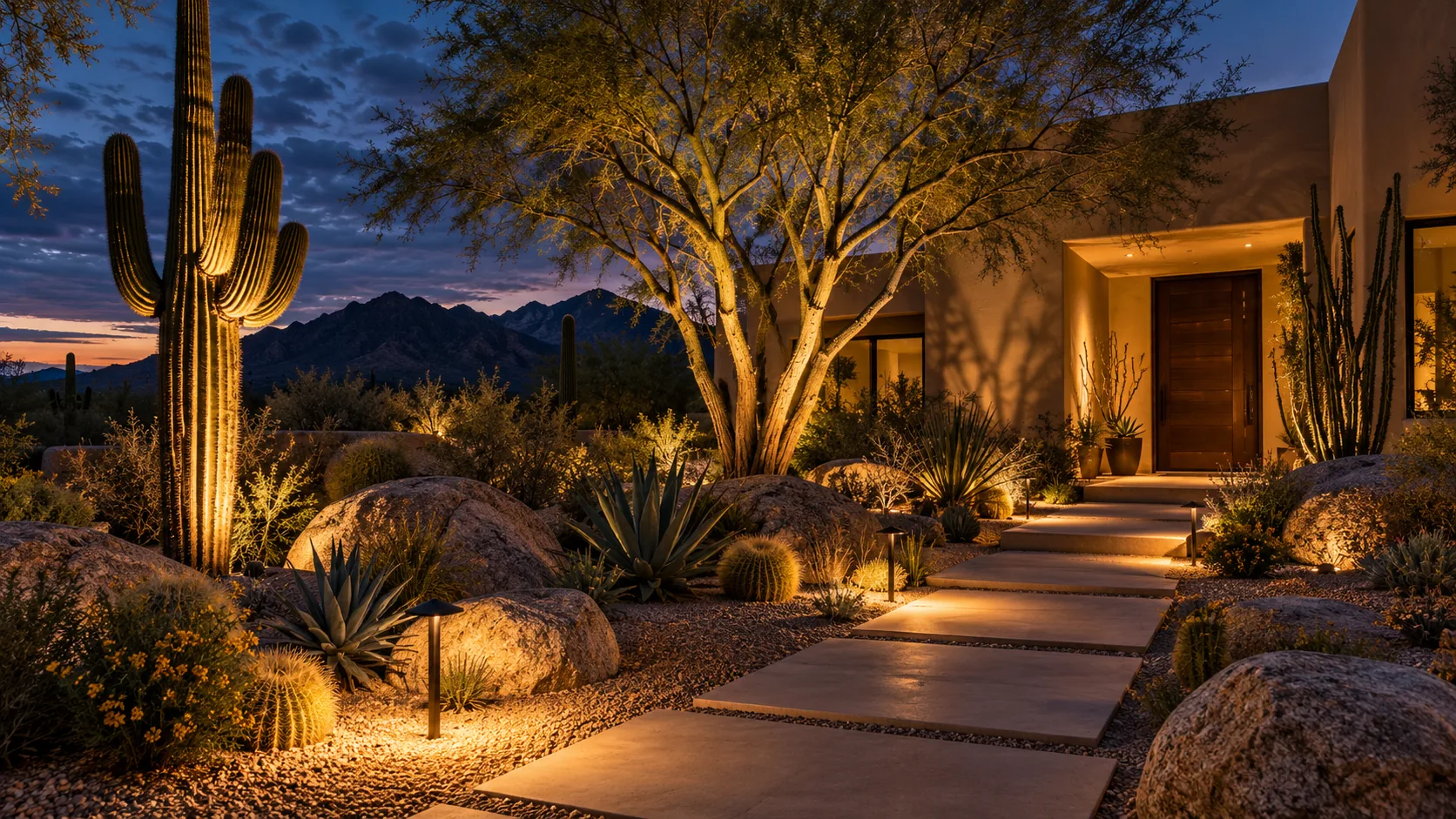 Desert entry with illuminated cactus and trees