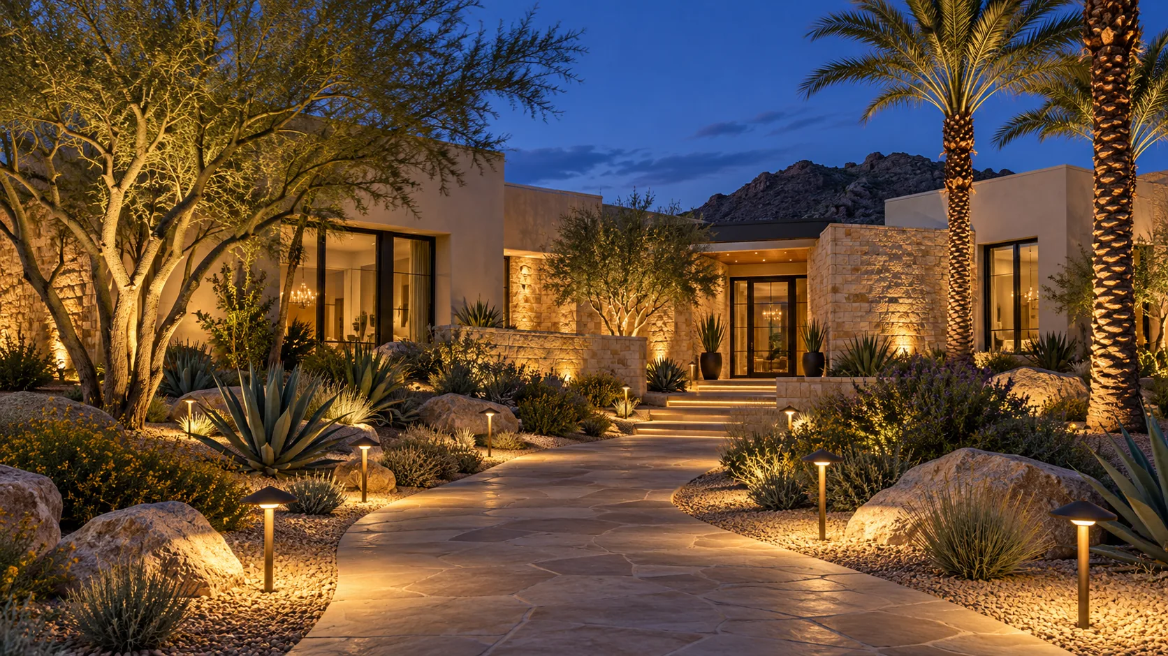 Warm landscape lighting along a desert home walkway