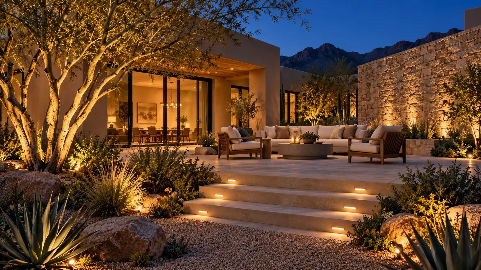 Patio steps with subtle integrated lighting