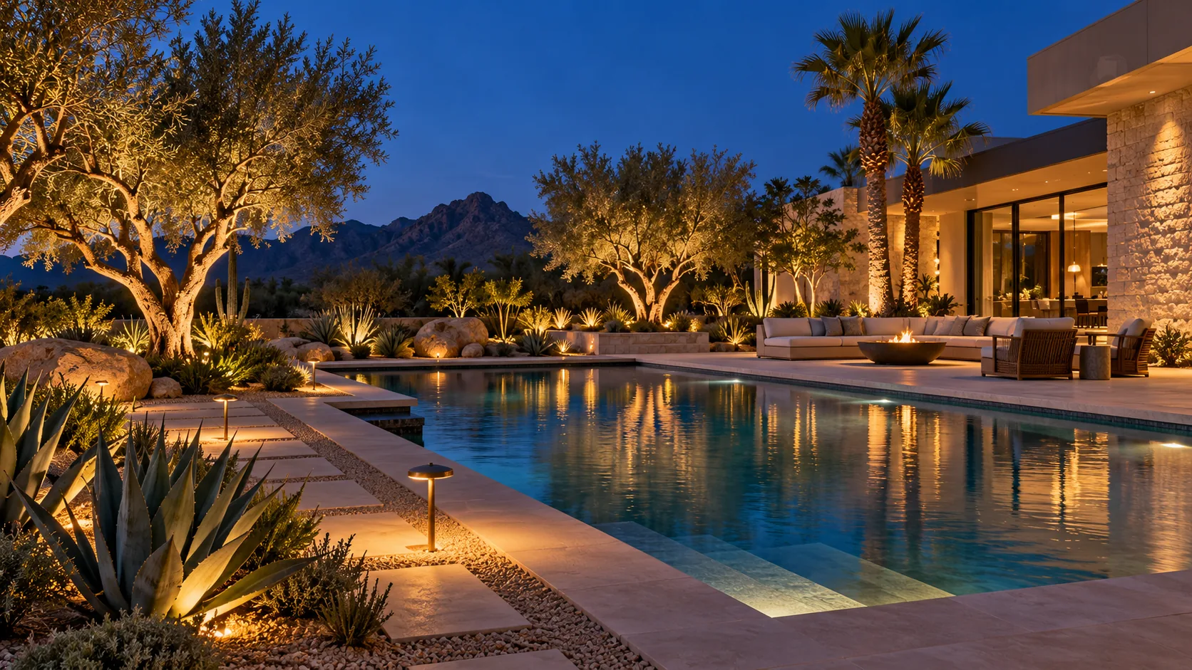 Poolside garden with warm low-voltage landscape lighting