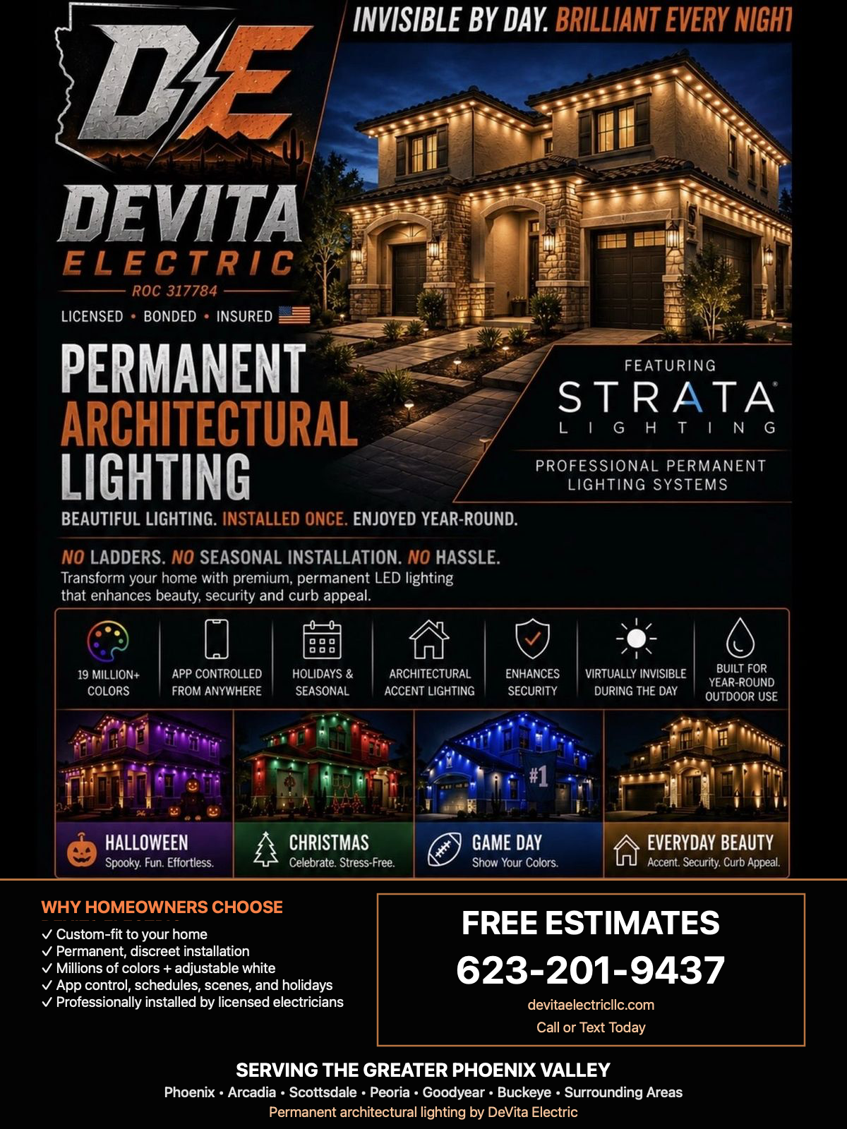 DeVita Electric Strata permanent architectural lighting flyer serving Phoenix, Arcadia, Scottsdale, Peoria and the Greater Phoenix Valley